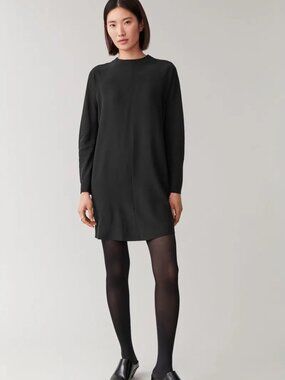 COS 100% Silk Women's Size 10 Black Long Sleeve Mini Dress Back Zip Minimalist